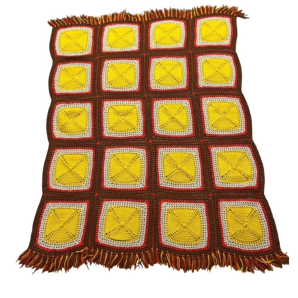 Grannie Square Throw Blanket Handmade Crochet Yellow Brown Fringe 70s Boho